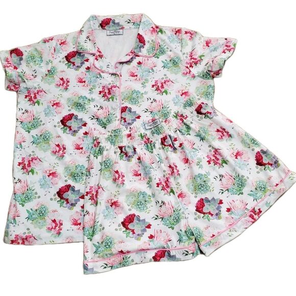 Sugar Bee Womens Sz XL Pajama Shorts Set Pink Succulent Button Front - Picture 1 of 16